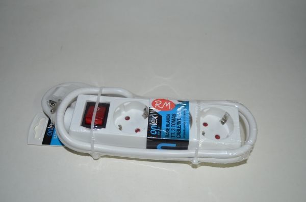 Base 3 tomas TTL blanca con interruptor y cable 1.5 metros